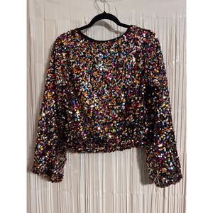 Y2K Sequin Crop Top Long Sleeve – Sparkly Clubwear Fits S/M Party Glitter Blouse